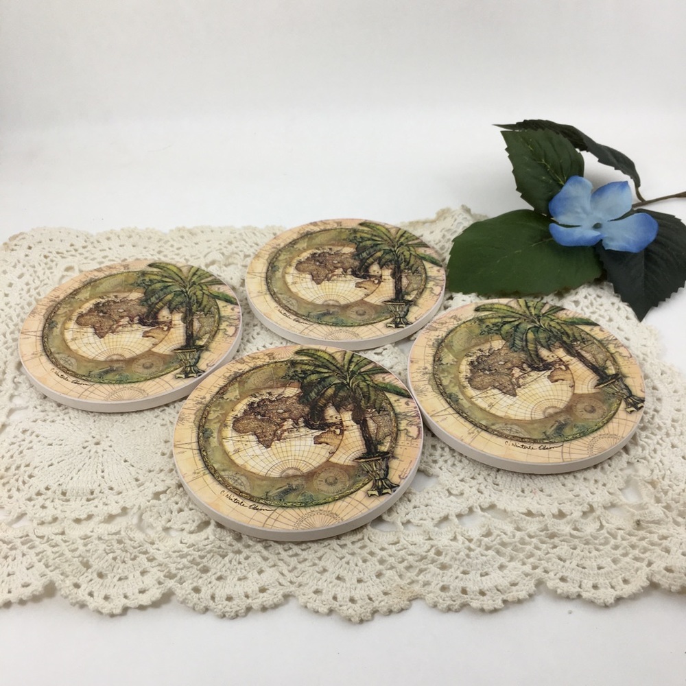 Sold- World Map & Palm Tree Coaster Set Absorbent Stone Dolomite Olson